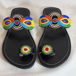 HANDMADE Sz 42 Colourful Beaded Women's Toe Wrap Slip On Sandals